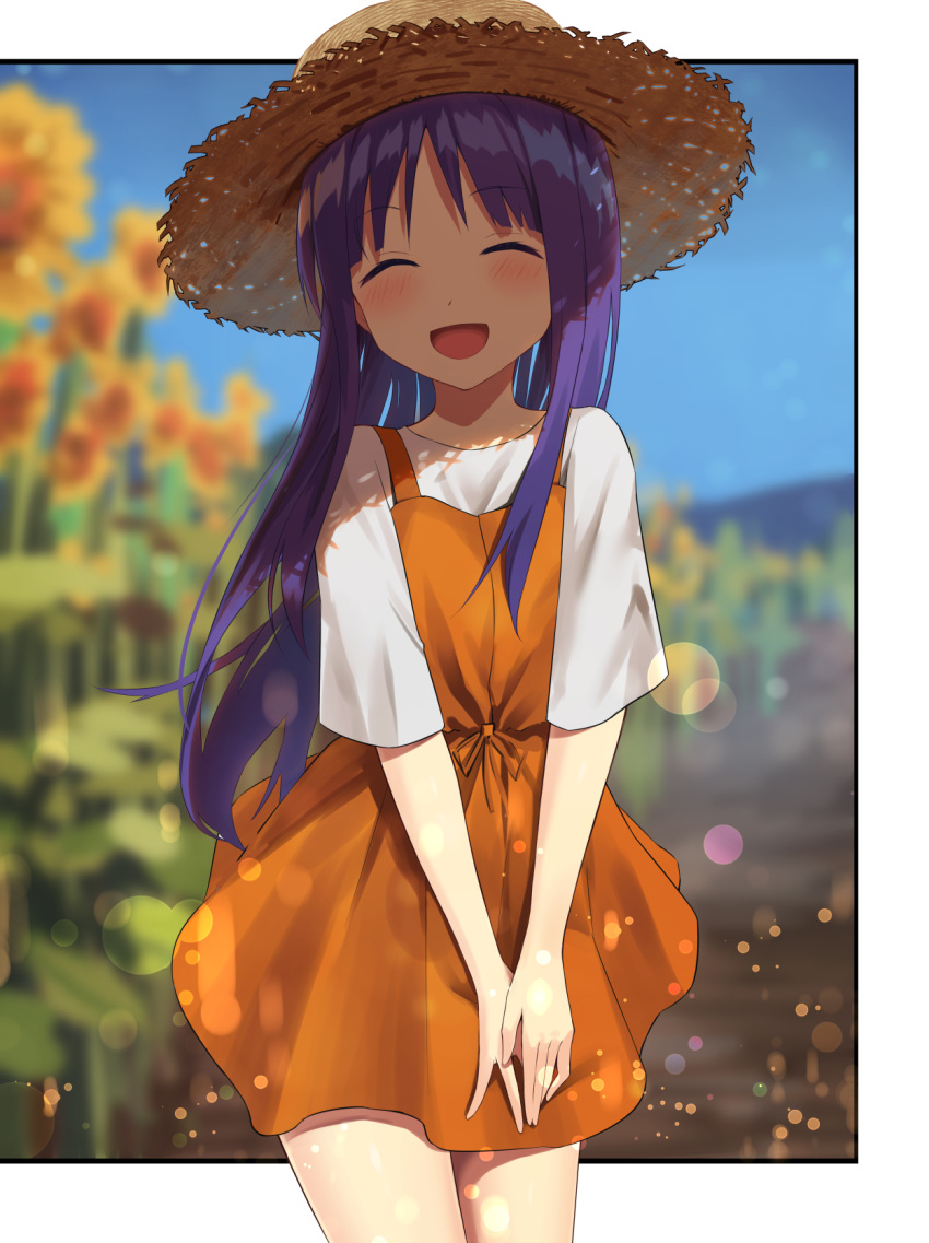 1girl :d blurry blurry_background blush closed_eyes commentary_request day depth_of_field dress eyebrows_visible_through_hair flower hat head_tilt highres hinata_yukari lens_flare nazuna_(nazuna_a2) open_mouth orange_dress outdoors outside_border own_hands_together purple_hair shirt sky smile solo standing straw_hat sunflower white_shirt yuyushiki