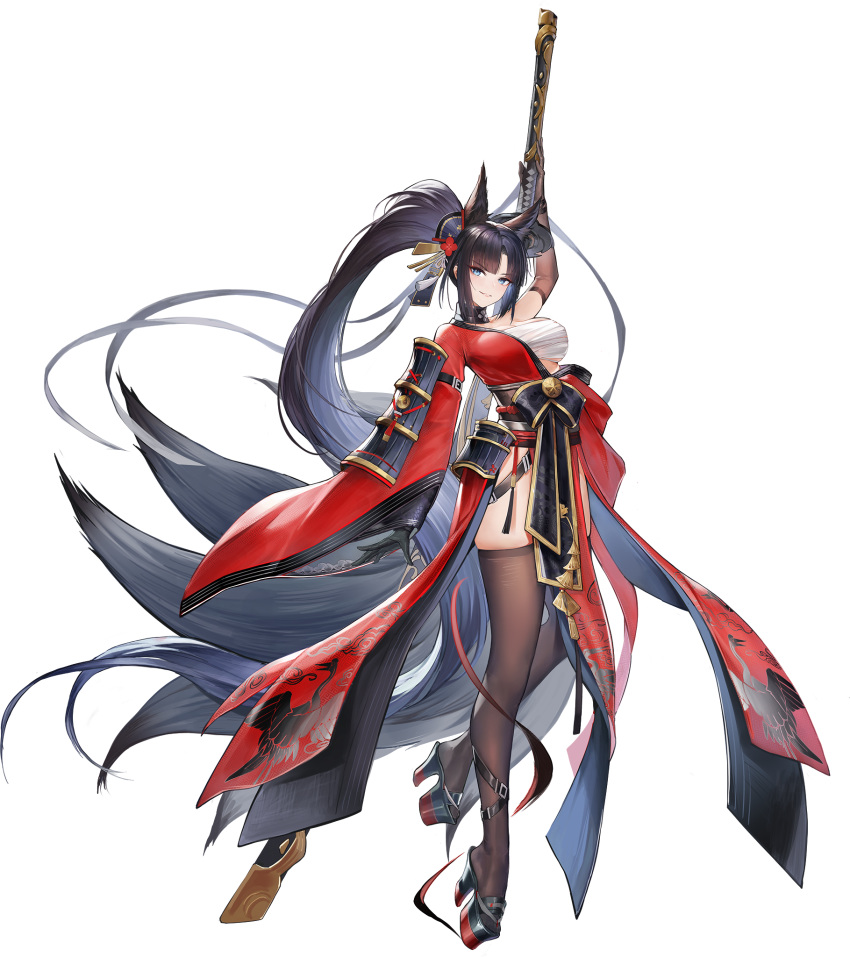 1girl absurdly_long_hair animal_ears arm_up armor artist_request azur_lane black_hair blue_eyes breasts brown_gloves brown_legwear elbow_gloves extra_ears fox_ears fox_girl fox_tail full_body gloves gold_trim grin hadanugi_dousa hair_ornament highres holding holding_sword holding_weapon japanese_armor japanese_clothes katana kii_(azur_lane) kimono kusazuri kyuubi large_breasts long_hair long_sleeves looking_at_viewer multiple_tails obi official_art pelvic_curtain ponytail red_kimono rudder_footwear sarashi sash shoulder_armor sidelocks smile sode solo sword tail thigh-highs thighs transparent_background very_long_hair weapon wide_sleeves