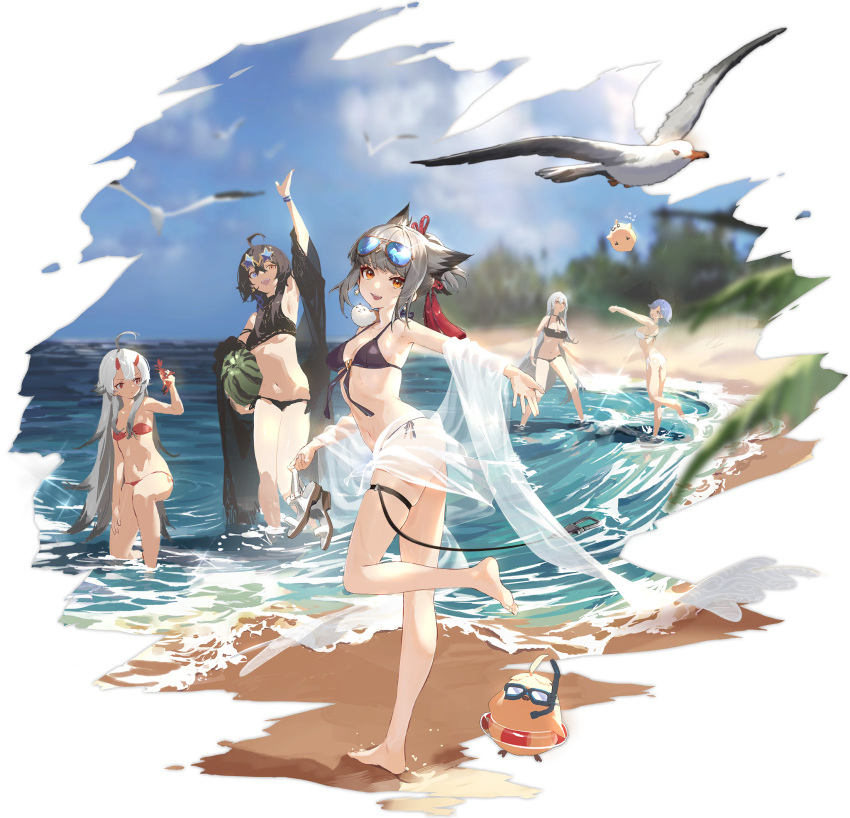 5girls :d ahoge animal_ears animal_on_shoulder arm_up armpits azur_lane bare_shoulders barefoot beach bikini bird black_bikini black_hair breasts chapayev_(azur_lane) chick crab day earrings eyewear_on_head food front-tie_bikini front-tie_top fruit georgia_(azur_lane) georgia_(lanier_swan)_(azur_lane) glint grey_hair halterneck hibiki_(azur_lane) highres jewelry leg_up long_hair looking_at_viewer manjuu_(azur_lane) melon multiple_girls navel off_shoulder official_art open_mouth orange_eyes outdoors outstretched_arm ponytail red_bikini red_eyes sandals sandals_removed shawl shisantian side-tie_bikini silver_hair skindentation small_breasts smile sovetskaya_rossiya_(azur_lane) standing standing_on_one_leg star-shaped_eyewear stomach string_bikini sunglasses suzutsuki_(azur_lane) suzutsuki_(beachside_attendant!)_(azur_lane) swimsuit thigh_strap thighs transparent_background very_long_hair water white_bikini