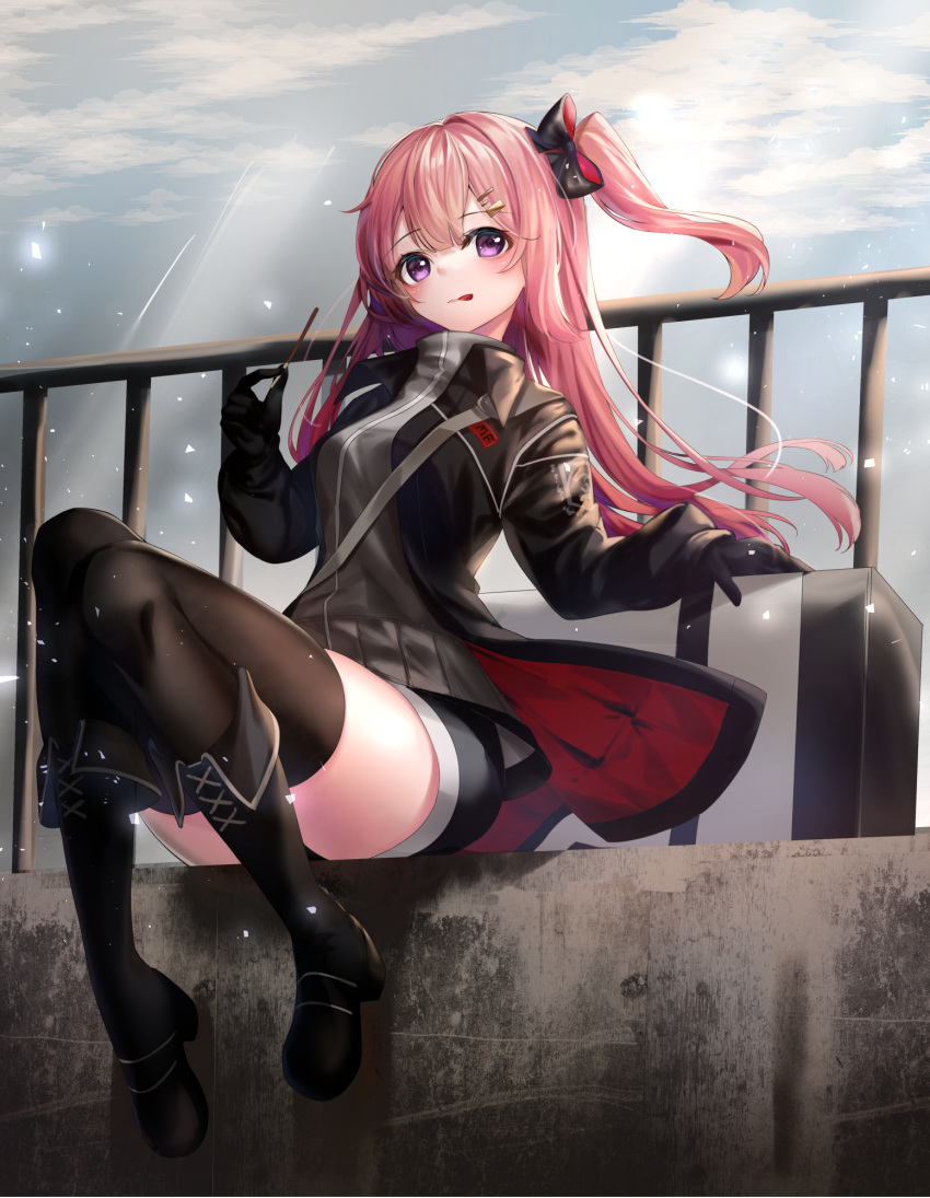 1girl ambriel_(arknights) arknights black_footwear black_gloves black_jacket black_legwear black_shorts boots bow case closed_mouth food gloves grey_shirt hair_bow hair_ornament hairclip highres holding jacket long_hair long_sleeves looking_at_viewer one_side_up open_clothes open_jacket outdoors pink_hair pocky railing rukinya_(nyanko_mogumogu) shirt short_shorts shorts smile solo strap thigh-highs tongue tongue_out turtleneck violet_eyes