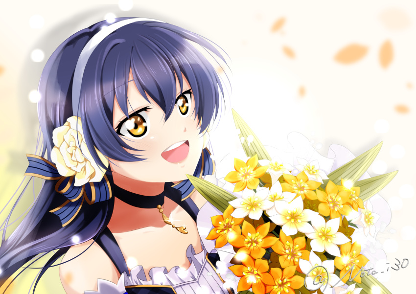 1girl absurdres bangs bare_shoulders blue_hair blush bouquet choker eyebrows_visible_through_hair flower from_side headband highres holding holding_bouquet long_hair looking_to_the_side love_live! love_live!_school_idol_project nota_ika open_mouth simple_background smile solo sonoda_umi upper_body yellow_eyes