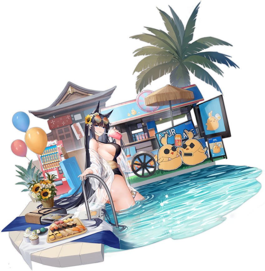 1girl animal_ears artist_request ass azur_lane bag balloon bare_shoulders black_hair black_swimsuit blue_eyes breasts cup cupcake disposable_cup drinking dutch_angle eyewear_on_head flower food hair_flower hair_ornament highres holding kii_(azur_lane) kii_(poolside_persuasion)_(azur_lane) large_breasts long_hair looking_at_viewer makizushi manjuu_(azur_lane) off_shoulder official_art one-piece_swimsuit open_clothes plant pool potted_plant see-through sideboob solo sunflower sunglasses sushi swimsuit thigh_strap thighs transparent_background tray very_long_hair wading water