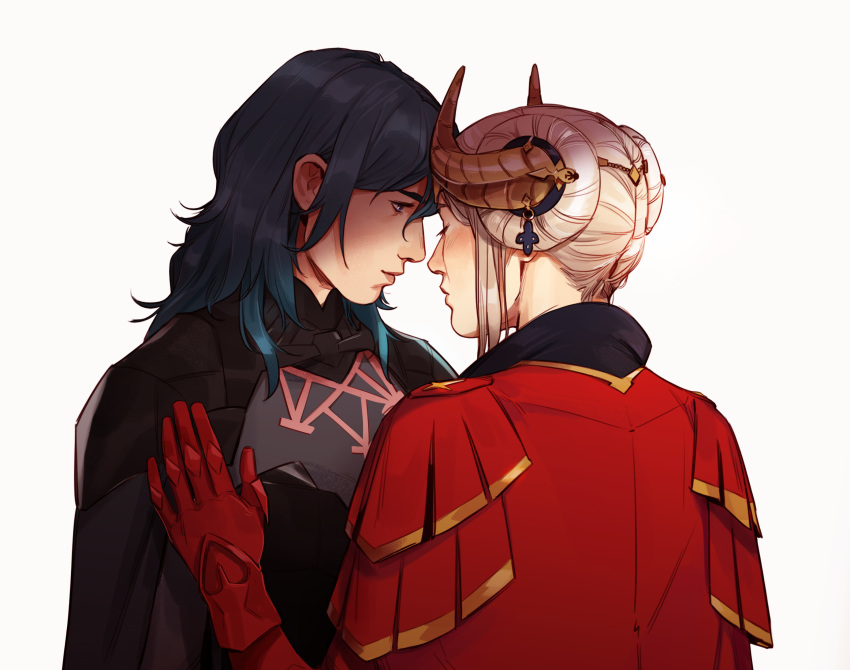 2girls absurdres blue_hair byleth_(fire_emblem) byleth_eisner_(female) cape double_bun edelgard_von_hresvelg fire_emblem fire_emblem:_three_houses hand_on_another's_chest highres horned_headwear lesly_oh looking_at_another multiple_girls silver_hair simple_background tiara upper_body white_background yuri