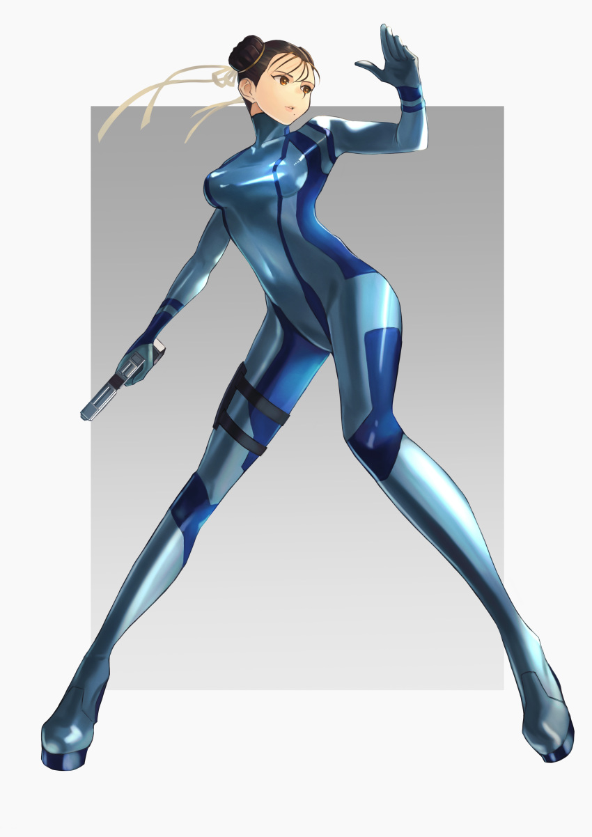 1girl absurdres bangs blue_bodysuit bodysuit breasts brown_eyes brown_hair chun-li commentary_request cosplay double_bun full_body gradient gradient_background highres holding holding_weapon holster kurai_munio lips long_sleeves looking_away medium_breasts metroid mole mole_under_mouth parted_lips samus_aran samus_aran_(cosplay) shiny shiny_clothes skin_tight solo standing street_fighter thigh_holster tied_hair turtleneck weapon zero_suit