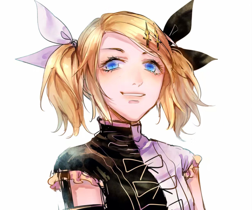 1girl aihara-rina black_bow black_shirt blonde_hair blue_eyes bow frilled_sleeves frills grin hair_bow hair_ornament hairclip kagamine_rin lips portrait roshin_yuukai_(vocaloid) shirt short_hair short_sleeves short_twintails smile solo twintails two-tone_shirt vocaloid white_background white_bow white_shirt