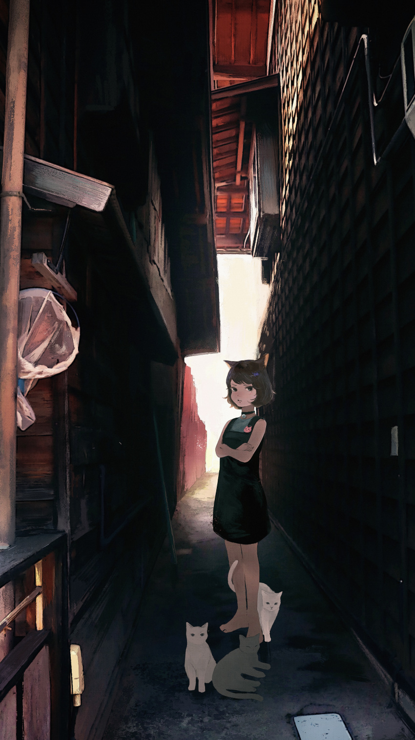 1girl absurdres alley animal_ears anna_(drw01) bell brown_hair cat cat_ears choker crossed_arms day fantasy full_body highres huge_filesize jingle_bell original outdoors scenery short_hair sleeveless standing white_cat