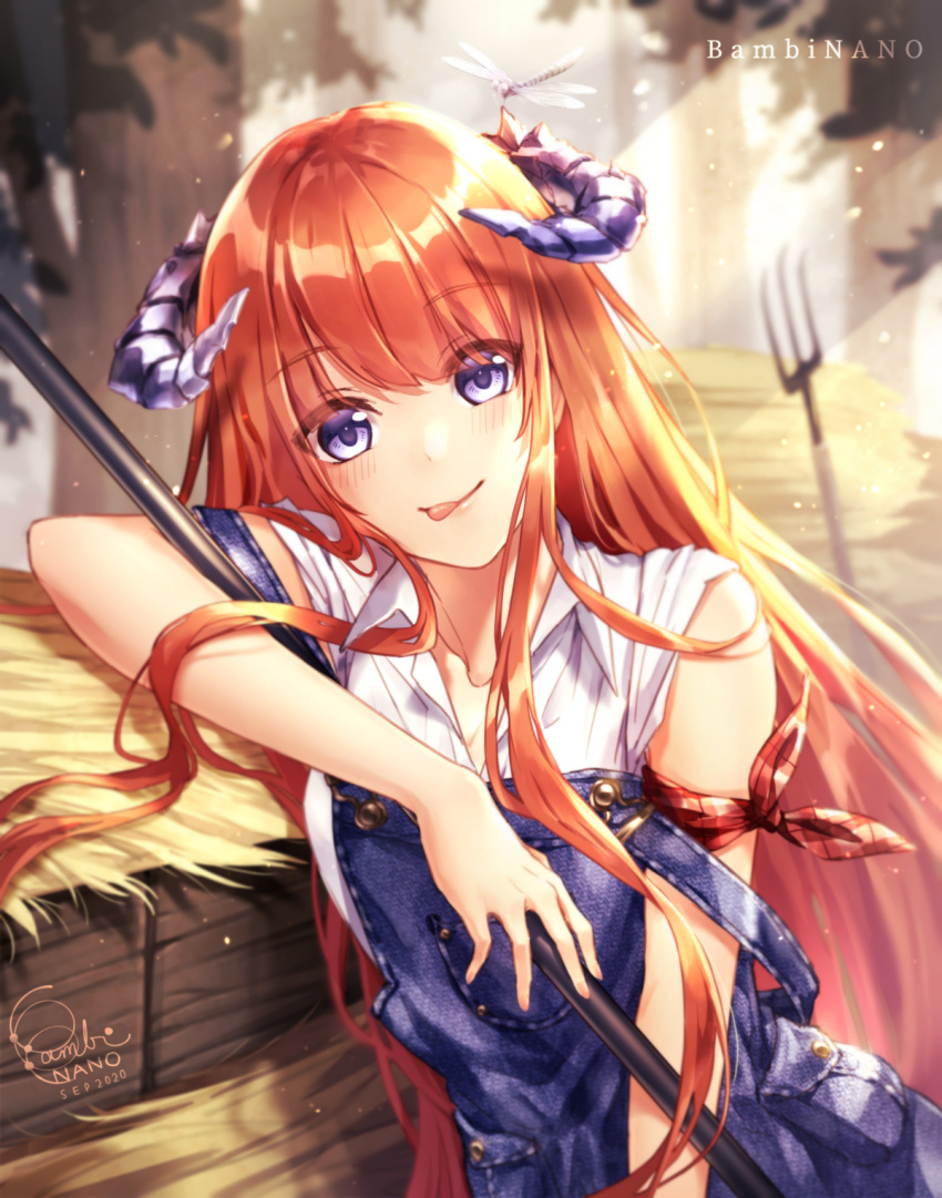 1girl :p arknights artist_name bagpipe_(arknights) bambi_nano bangs blush bug dated dragon_horns dragonfly hay highres holding horns insect leaning_to_the_side long_hair looking_at_viewer off_shoulder orange_hair overalls pitchfork shirt signature smile solo tongue tongue_out very_long_hair violet_eyes white_shirt