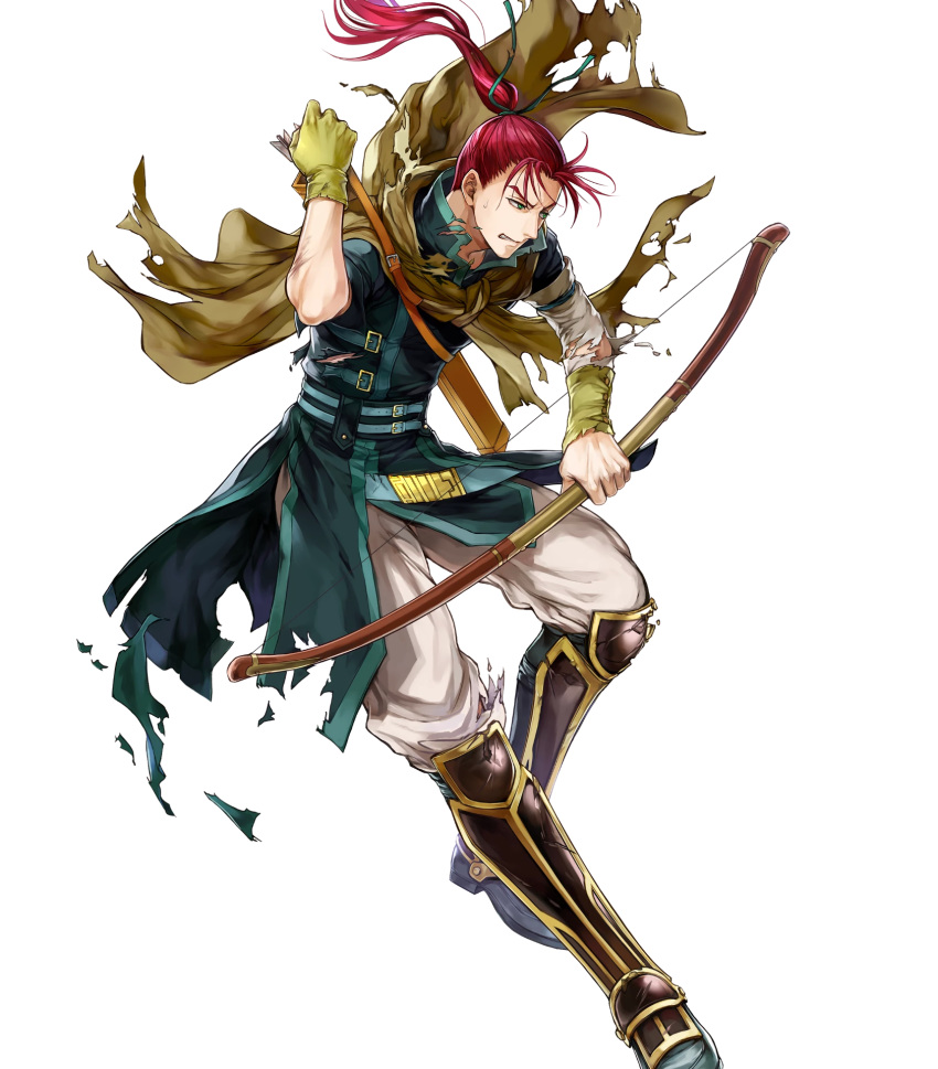 1boy arrow_(projectile) belt boots bow_(weapon) cape fire_emblem fire_emblem:_path_of_radiance fire_emblem_heroes full_body green_eyes highres long_hair official_art ponytail quiver redhead shinon_(fire_emblem) solo teeth torn_clothes transparent_background wada_sachiko weapon