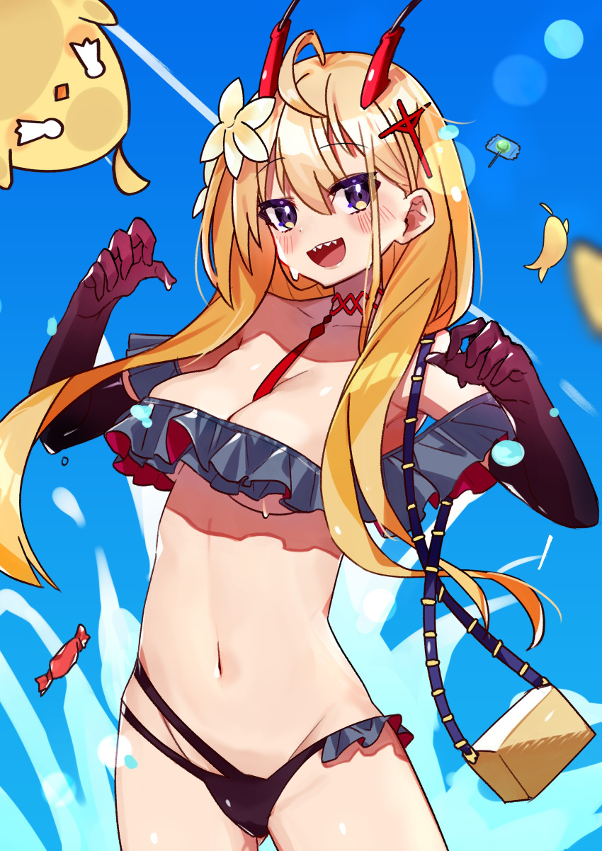 1girl 1other absurdres ahoge akutaa azur_lane bangs bikini bird blonde_hair breasts candy chick choker collarbone commentary_request elbow_gloves eyebrows_visible_through_hair feet_out_of_frame flower food frilled_bikini frills gloves groin hair_flower hair_ornament highres horns kumano_(azur_lane) kumano_(fancy_waves)_(azur_lane) large_breasts long_hair manjuu_(azur_lane) mismatched_bikini multi-strapped_bikini_bottom navel necktie open_mouth sharp_teeth sidelocks solo swimsuit teeth under_boob violet_eyes