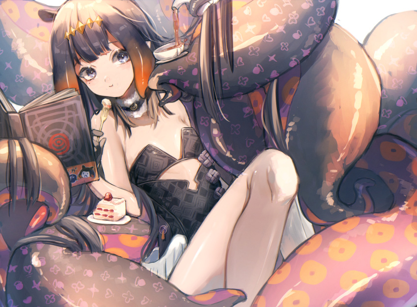 1girl absurdres bangs black_dress black_gloves blue_eyes blunt_bangs book breasts cake closed_mouth commentary cup dress eating food fork gloves harui_(hr_x9_) headpiece highres holding hololive hololive_english huge_filesize long_hair looking_at_viewer ninomae_ina'nis pointy_ears purple_hair reading sidelocks simple_background single_thighhigh sitting small_breasts solo strapless strapless_dress tea teacup teapot tentacles thigh-highs virtual_youtuber