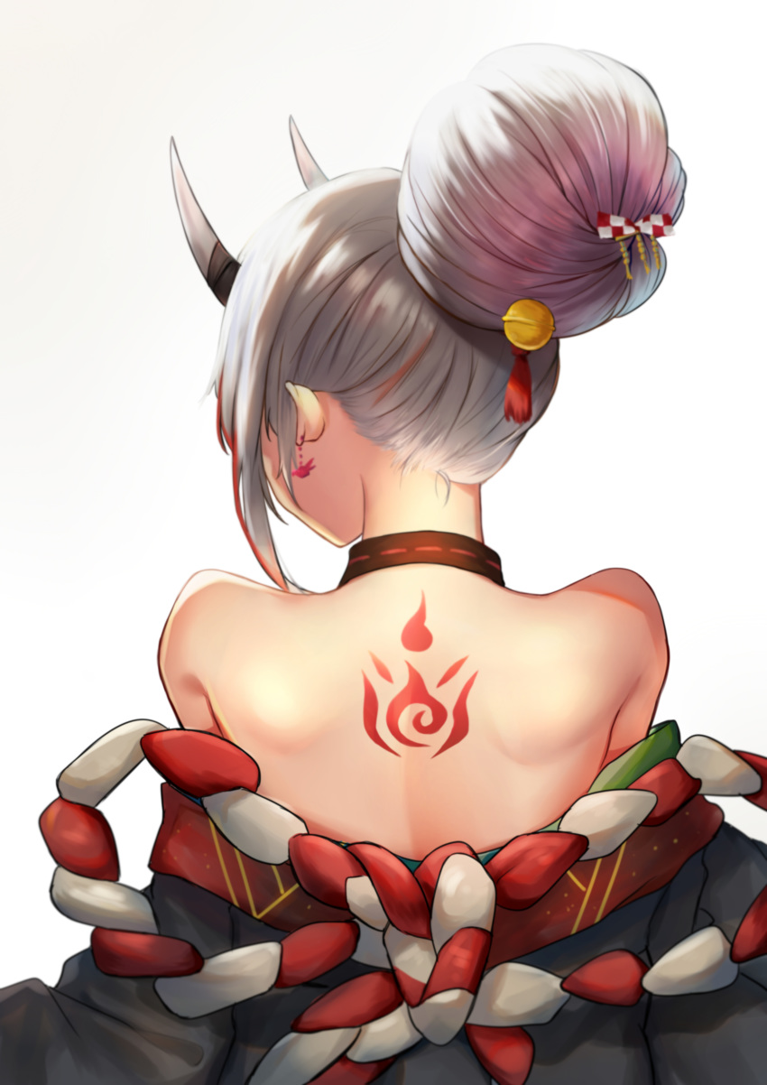 absurdres back back_tattoo bare_shoulders bell black_kimono earrings from_behind hair_bell hair_bun hair_ornament hair_up halterneck highres hololive horns japanese_clothes jewelry jingle_bell kimono long_hair miyayosh multicolored_hair nakiri_ayame nape off_shoulder oni oni_horns redhead rope shimenawa shoulder_blades silver_hair solo streaked_hair tattoo upper_body virtual_youtuber