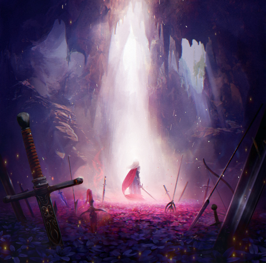 ambiguous_gender anna_(drw01) bow_(weapon) cape flower highres holding holding_sword holding_weapon long_hair original planted_spear planted_sword planted_weapon red_cape scenery standing sword weapon