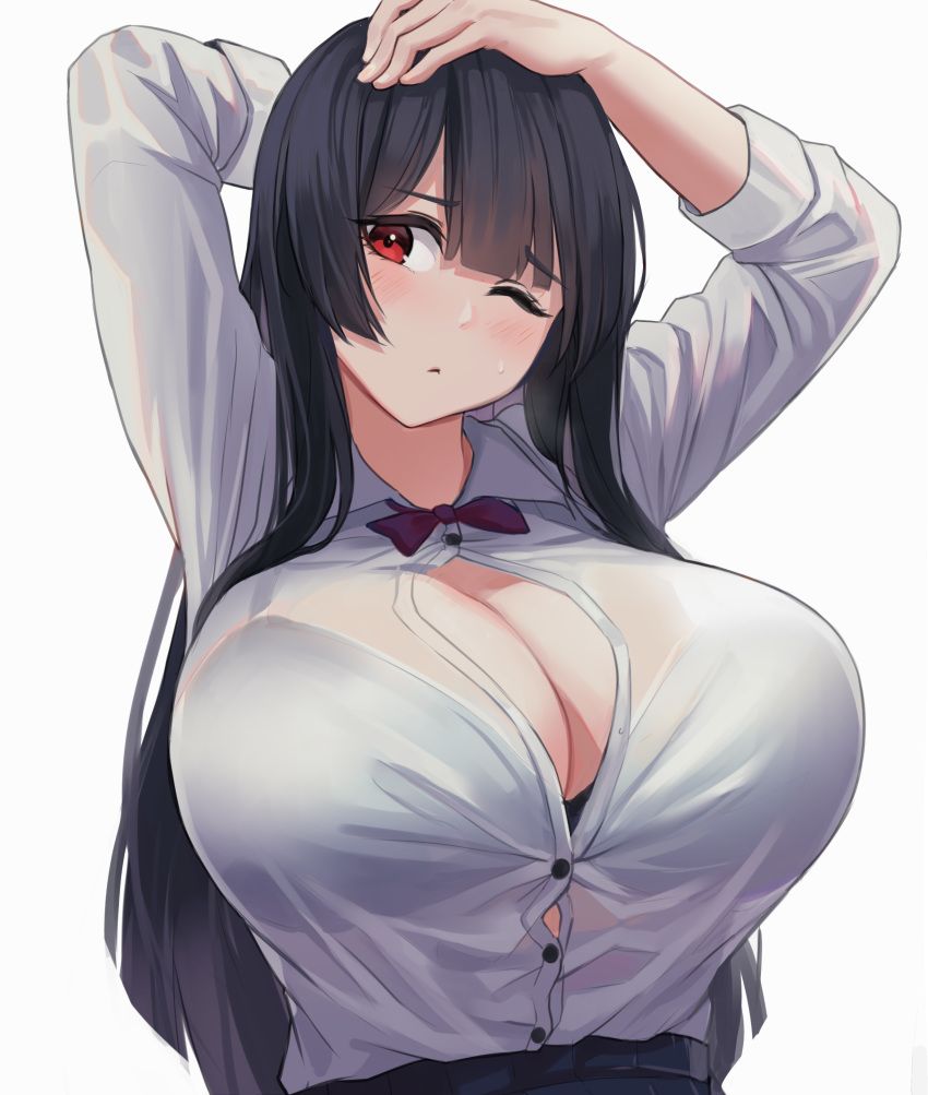 1girl absurdres arms_up bangs black_bra black_hair blunt_bangs bow bowtie bra bra_through_clothes breasts buttons commentary_request eyebrows_visible_through_hair fbreeze hand_behind_head hand_on_own_head highres huge_breasts long_hair looking_to_the_side one_eye_closed original red_eyes see-through solo sweatdrop underwear