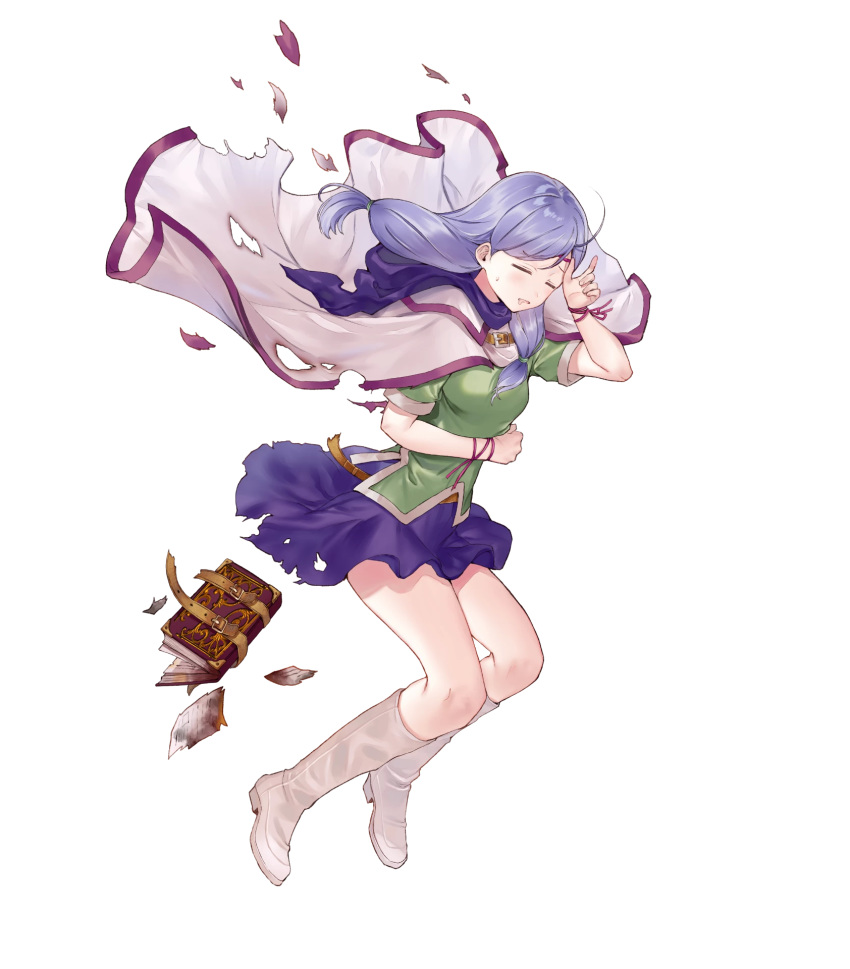 1girl bangs belt_pouch blush book boots cape capelet circlet drooling eyebrows_visible_through_hair fire_emblem fire_emblem:_path_of_radiance fire_emblem_heroes hand_on_own_stomach hand_up hanekoto highres hood hood_down hungry ilyana_(fire_emblem) jewelry knee_boots long_hair miniskirt official_art paper pouch purple_hair purple_skirt saliva shiny shiny_hair short_sleeves skirt solo sweat sweatdrop tied_hair torn_capelet torn_clothes torn_skirt transparent_background white_footwear