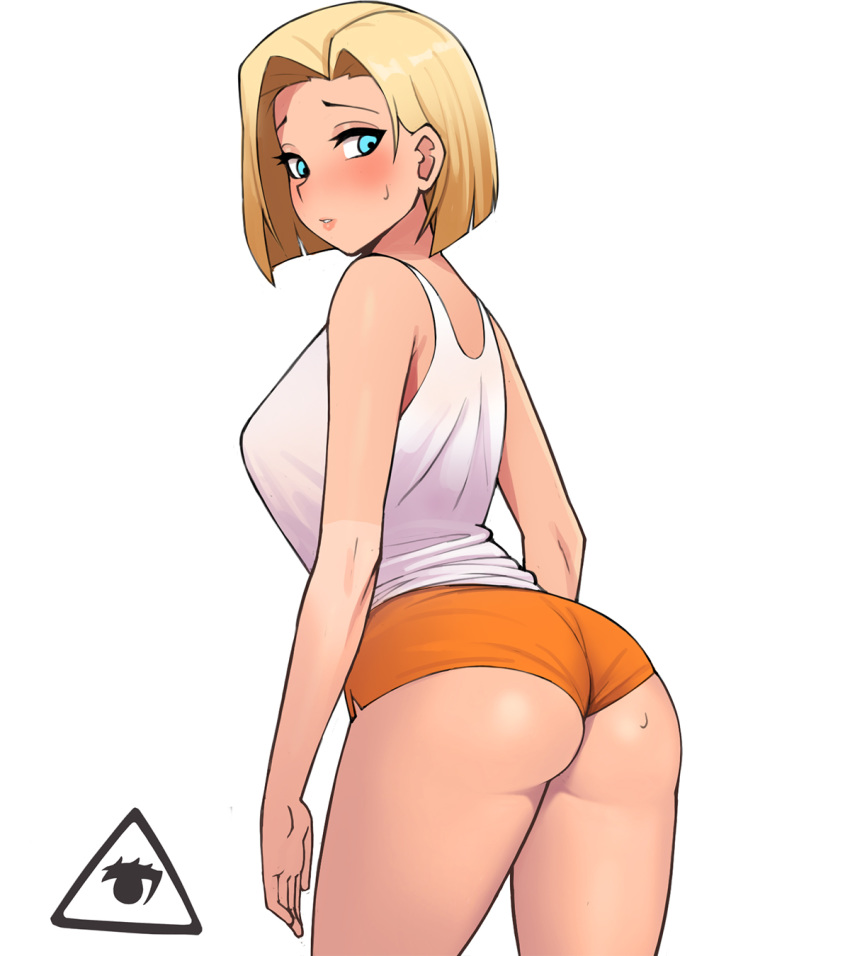 1girl android_18 ass bare_shoulders blonde_hair blue_eyes blush breasts cowboy_shot donburikazoku dragon_ball dragon_ball_z highres hooters large_breasts looking_at_viewer short_hair shorts simple_background sleeveless solo standing white_background