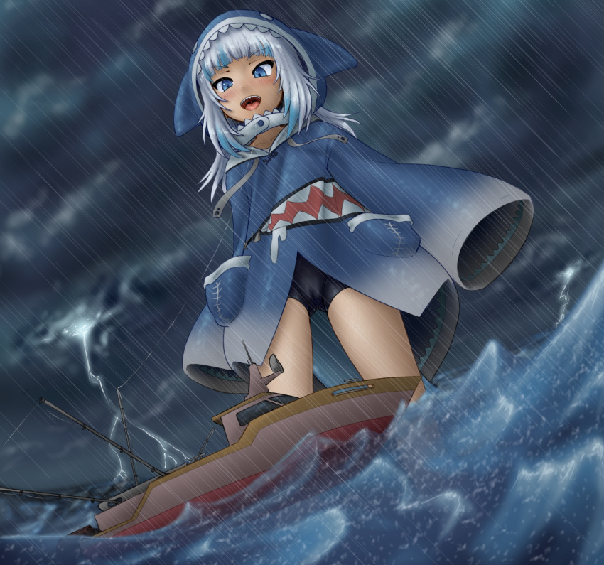 1girl :d alloyrabbit bike_shorts blue_eyes blue_hair blush boat clouds collarbone commentary dutch_angle english_commentary eyebrows_visible_through_hair fishing_line gawr_gura giantess highres hololive hololive_english lightning long_hair open_mouth outdoors rain shark_hood sharp_teeth sky sleeves_past_fingers sleeves_past_wrists smile storm teeth virtual_youtuber water watercraft waves