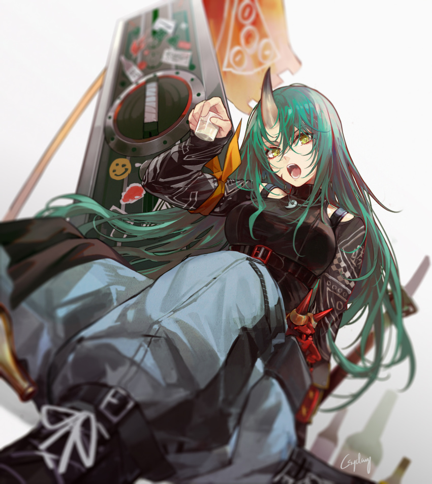 1girl alternate_costume arknights baggy_pants bangs banner black_shirt breasts buckle csyday cup green_hair hair_between_eyes highres holding holding_cup horns hoshiguma_(arknights) long_hair long_sleeves looking_at_viewer oni_horns oni_mask open_mouth pants shield shirt shoes shoulder_cutout single_horn sitting sneakers solo strap