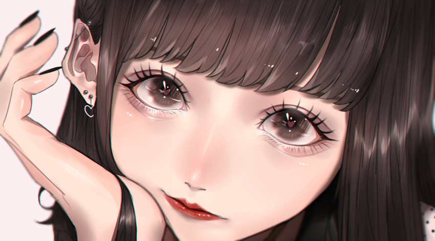 1girl absurdres brown_eyes brown_hair close-up ear_piercing earrings hand_on_own_cheek heart heart-shaped_pupils heart_earrings highres jewelry looking_at_viewer mano_aaa original piercing solo symbol-shaped_pupils