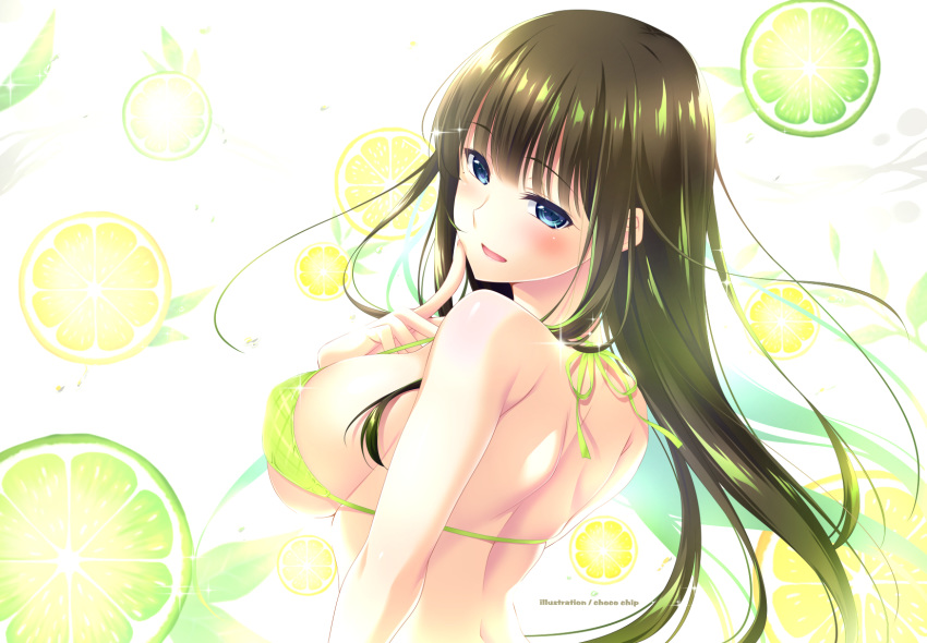 1girl :d artist_name bangs bare_shoulders bikini blue_eyes blush breasts brown_hair choco_chip commentary_request eyebrows_visible_through_hair eyelashes finger_to_mouth fingernails food from_behind fruit glint green_bikini half-closed_eyes highres large_breasts lemon lemon_slice long_hair looking_at_viewer looking_back mole mole_under_eye open_mouth original shiny shiny_hair shoulder_blades sidelocks skindentation smile solo swimsuit under_boob upper_body