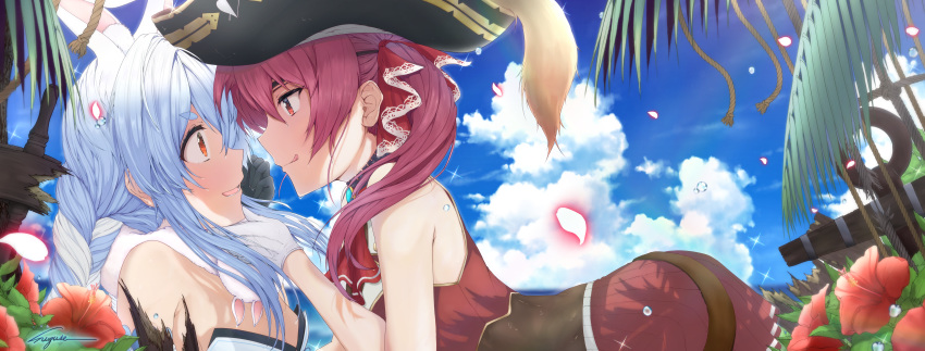 2girls :q absurdres anchor animal_ears aqua_hair artist_name english_commentary eye_contact eyebrows_visible_through_hair gloves hand_on_another's_chin hat highres hololive houshou_marine huge_filesize looking_at_another mizuki_(xeaz2854) multiple_girls open_mouth orange_eyes outdoors pirate_hat purple_hair rabbit_ears red_eyes signature sleeveless tongue tongue_out usada_pekora virtual_youtuber yuri