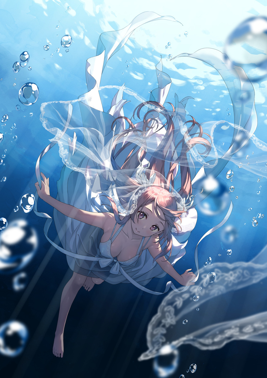 1girl air_bubble barefoot blurry blurry_foreground bridal_veil bubble closed_mouth commentary day depth_of_field dress highres kantoku kurumi_(kantoku) long_dress long_hair looking_at_viewer original pink_eyes pink_hair sleeveless sleeveless_dress smile solo spaghetti_strap swimming underwater veil wedding_dress white_dress