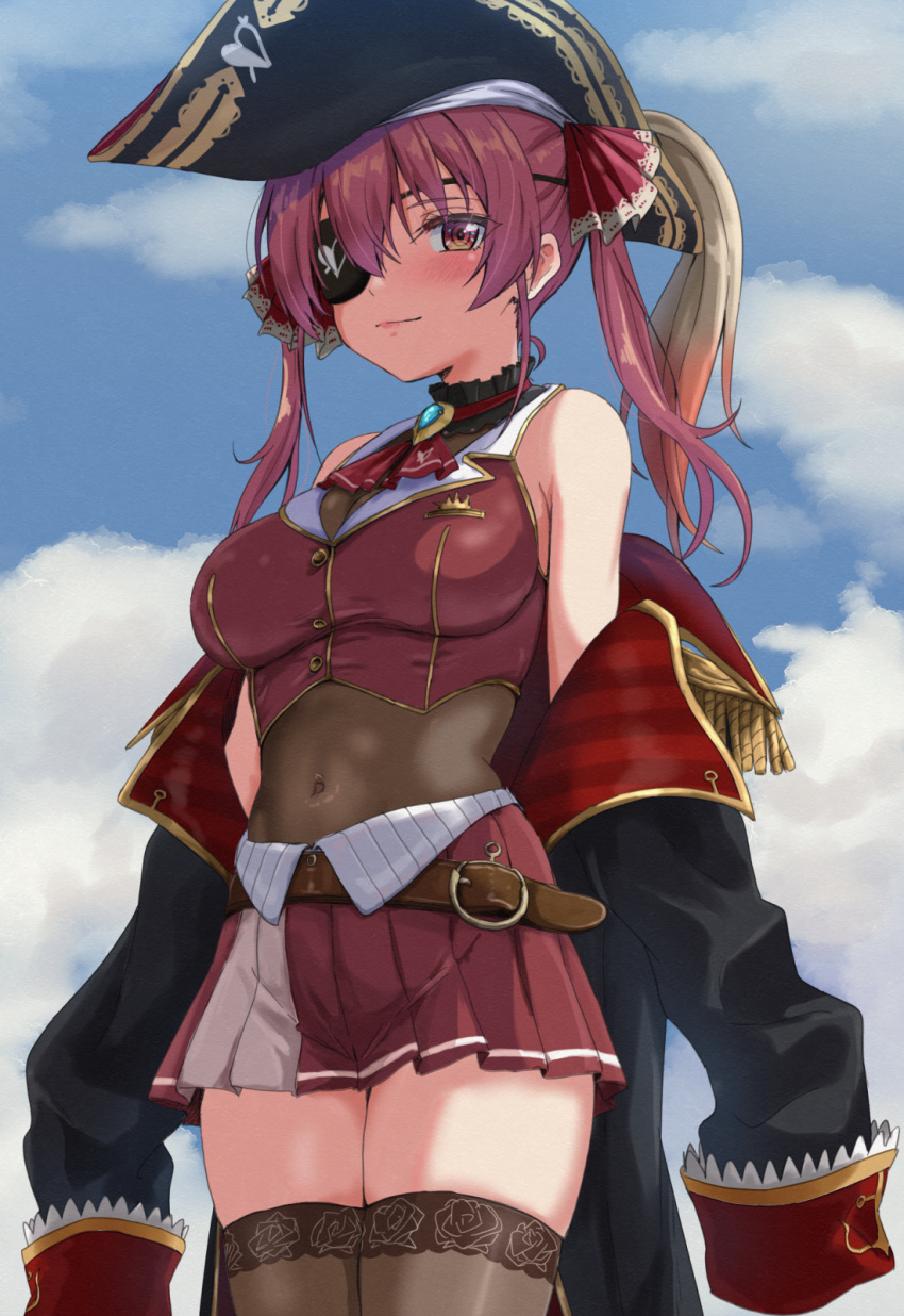 1girl anchor_symbol belt black_legwear breasts brown_eyes closed_mouth clouds coat covered_navel cowboy_shot eyepatch hat highres hololive houshou_marine looking_at_viewer medium_breasts outdoors pirate_hat purple_hair removing_coat sleeveless solo tanjant_(cpmr4224) thigh-highs thighs twintails virtual_youtuber zettai_ryouiki