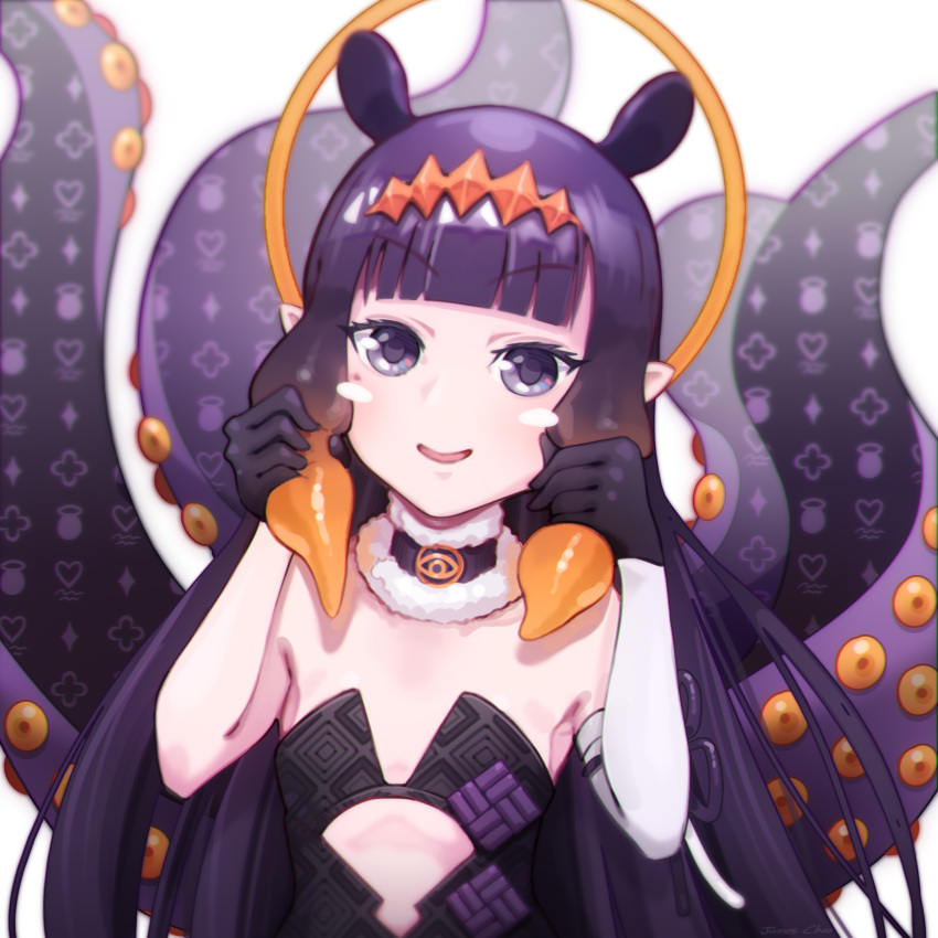 1girl absurdres animal_ears bangs black_gloves blunt_bangs detached_collar detached_sleeves flat_chest gloves halo highres holding holding_hair hololive hololive_english james_choo long_hair looking_at_viewer mole mole_under_eye monster_girl ninomae_ina'nis pointy_ears purple_hair sidelocks single_detached_sleeve smile solo squishing strapless tentacle_hair tentacles upper_body virtual_youtuber white_background