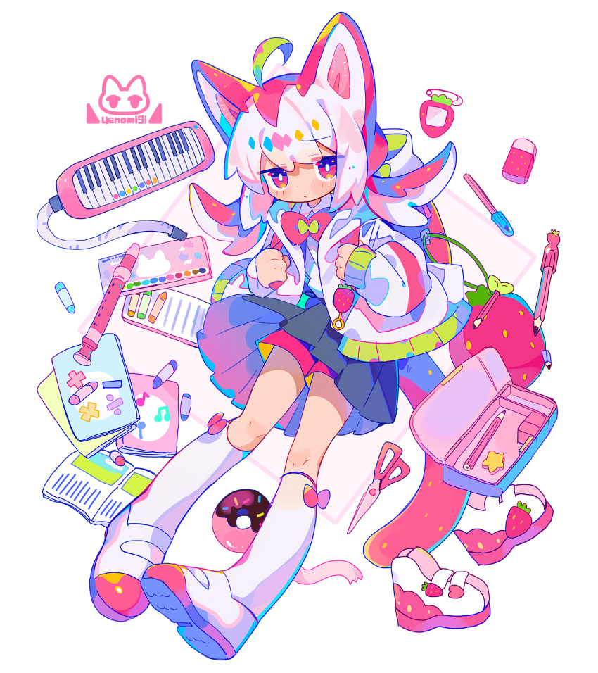 1girl ahoge animal_ears backpack bag bangs black_skirt blush blush_stickers book bow bowtie bright_pupils cat_ears cat_tail commentary_request crayon dark-skinned_female dark_skin dot_mouth dot_nose doughnut eraser flipped_hair flute food fruit green_hair highres hood hooded_jacket instrument jacket keytar kneehighs looking_at_viewer multicolored_hair original pen pencil pencil_case piano pink_ribbon randoseru red_bag red_bow red_bowtie red_eyes red_shorts redhead ribbon scissors shirt short_hair shorts shorts_under_skirt signature simple_background skirt socks solo strawberry streaked_hair tail uenomigi white_background white_footwear white_hair white_jacket white_pupils white_shirt white_socks
