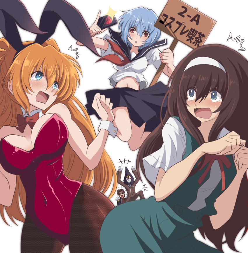 2girls 3boys androgynous animal_ears arm_up arms_up ayanami_rei bare_arms bare_legs blue_collar blue_eyes blue_hair blue_skirt blush bow bowtie breasts brown_hair bunnysuit cellphone collar commentary_request cosplay crossdressinging detached_collar embarrassed eyebrows_visible_through_hair eyes_visible_through_hair fishnet_legwear fishnets flying_sweatdrops fujitaka_nasu fushigi_no_umi_no_nadia fuyutsuki_kouzou gargoyle_(nadia) gargoyle_(nadia)_(cosplay) hairband hand_up hands_up highres holding holding_phone holding_sign ikari_gendou ikari_shinji index_finger_raised leotard long_hair looking_back mask medium_breasts midair midriff multiple_boys multiple_girls neon_genesis_evangelion nerv open_mouth orange_hair partial_commentary phone purple_leotard rabbit_ears red_bow red_eyes red_neckwear school_uniform serafuku shirt short_hair sign simple_background skirt smartphone souryuu_asuka_langley suspender_skirt suspenders thighs translated white_background white_hairband white_shirt wig wrist_cuffs