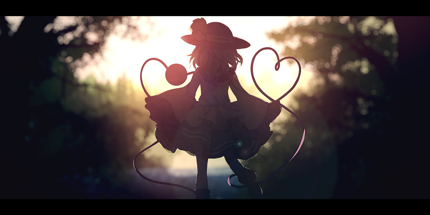 1girl backlighting blurry blurry_background day dise facing_away feet_out_of_frame from_behind green_skirt hat hat_ribbon heart heart_of_string highres komeiji_koishi letterboxed long_sleeves ribbon sash shoes short_hair skirt sleeves_past_fingers sleeves_past_wrists solo standing standing_on_one_leg sun_hat third_eye touhou