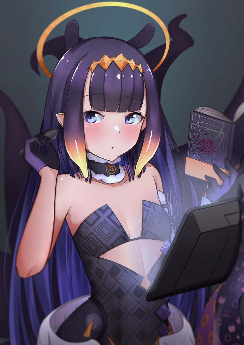 1girl absurdres bangs black_gloves black_hair blue_eyes blunt_bangs blush book breasts collarbone detached_collar detached_sleeves eyebrows_visible_through_hair gloves halo highres holding holding_book hololive hololive_english looking_at_viewer mr2d ninomae_ina'nis open_book parted_lips pointy_ears single_detached_sleeve small_breasts solo stylus tablet_pc tentacles virtual_youtuber