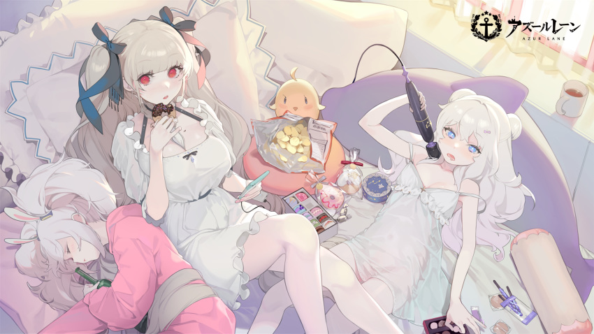 +_+ 2girls 3girls animal_ears azur_lane bangs bare_shoulders between_breasts blue_eyes blush breasts cellphone double_bun dress drooling eating eyebrows_visible_through_hair formidable_(azur_lane) grey_hair hair_between_eyes hair_ribbon hairband highres holding holding_phone laffey_(azur_lane) large_breasts le_malin_(azur_lane) long_hair looking_at_viewer manjuu_(azur_lane) multiple_girls ohisashiburi open_mouth phone rabbit_ears reclining red_eyes ribbon sidelocks sleeping small_breasts smartphone strapless symbol-shaped_pupils twintails very_long_hair white_dress white_hair