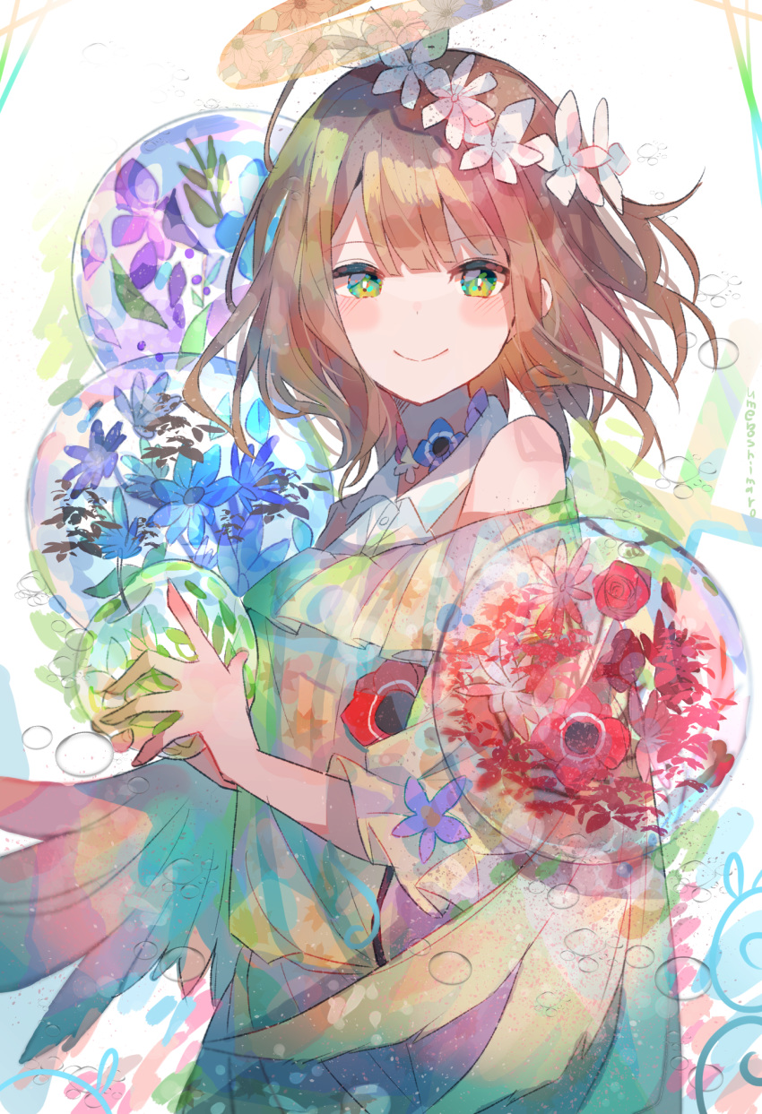 1girl bangs bare_shoulders blue_flower blush_stickers brown_hair closed_mouth collared_shirt dress dress_shirt eyebrows_visible_through_hair feathered_wings flower green_eyes hair_flower hair_ornament halo highres holding looking_at_viewer off-shoulder_dress off_shoulder original purple_flower red_flower shirt sleeveless sleeveless_shirt smile solo transparent umemaro_(siona0908) white_background white_dress white_flower white_shirt wings