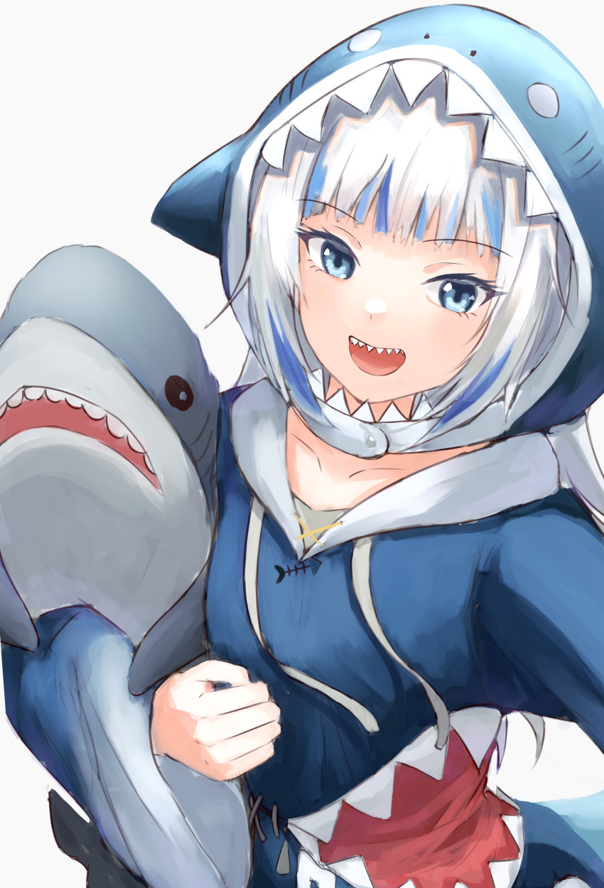 1girl absurdres bangs blue_eyes blue_hair blue_hoodie collarbone english_commentary eyebrows_visible_through_hair gawr_gura highres hololive hololive_english hood hoodie looking_at_viewer multicolored_hair mushrooming_man open_mouth shark_hood sharp_teeth short_hair silver_hair simple_background smile solo standing streaked_hair stuffed_animal stuffed_shark stuffed_toy teeth white_background