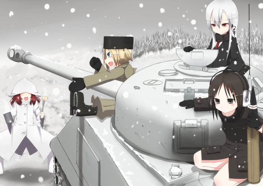4girls :p absurdres black_eyes black_hair blonde_hair blue_eyes boots breasts caterpillar_tracks coat cup day earmuffs earphones food fork gloves ground_vehicle hat highres long_hair m4_sherman military military_vehicle motor_vehicle multiple_girls necktie open_mouth original red_eyes redhead scarf sherman_firefly short_hair small_breasts snow snowing steam tank tank_shell tongue tongue_out tree white_hair zafuri_(yzrnegy)