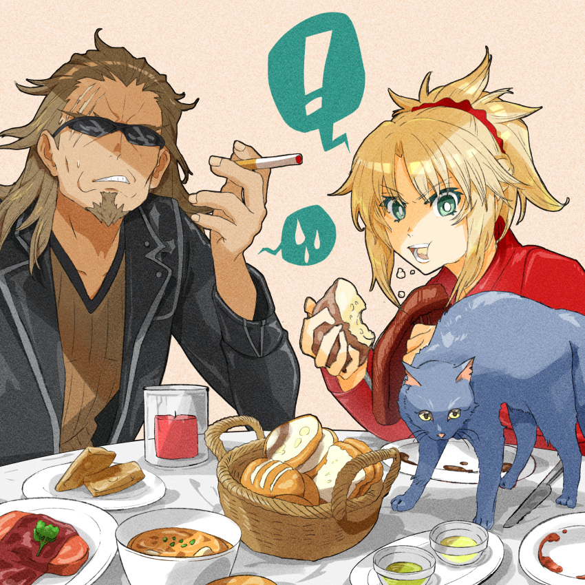 1boy 1girl bangs blonde_hair braid bread breasts brown_hair candle cat cigarette eating eyebrows_visible_through_hair facial_hair fate/apocrypha fate/grand_order fate_(series) food goatee green_eyes hair_ornament hair_scrunchie highres iris_(tb33064667) jacket long_hair looking_at_viewer mordred_(fate) mordred_(fate)_(all) open_mouth ponytail red_scrunchie scar scrunchie shishigou_kairi simple_background sunglasses table