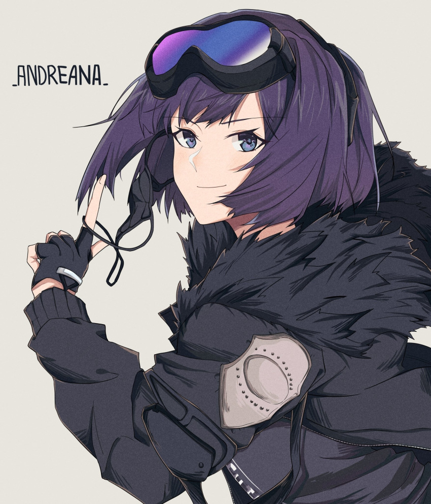 1girl andreana_(arknights) arknights bangs black_gloves black_jacket blue_eyes character_name commentary eyebrows_visible_through_hair fingerless_gloves fur-trimmed_jacket fur_trim gloves goggles goggles_on_head grey_background hand_up highres index_finger_raised jacket long_sleeves looking_at_viewer pokarii_zuu purple_hair short_hair simple_background smile solo upper_body