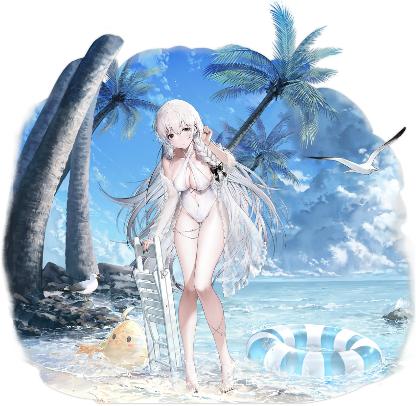 1girl azur_lane bare_shoulders barefoot beach bird black_nails bow braid chair chick clouds criss-cross_halter day full_body hair_bow halterneck haori_iori hermione_(azur_lane) hermione_(pure_white_holiday)_(azur_lane) highres holding innertube long_hair long_legs long_sleeves looking_at_viewer lounge_chair manjuu_(azur_lane) nail_polish navel ocean off_shoulder official_art one-piece_swimsuit open_clothes outdoors palm_tree solo standing swimsuit thighs transparent_background tree very_long_hair water white_hair white_swimsuit yellow_eyes