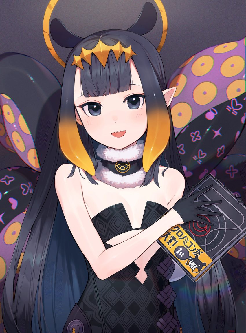 1girl :d absurdres bangs bare_shoulders black_dress black_eyes black_gloves black_hair blue_hair blush book commentary_request dark_background dress flat_chest fur_collar gloves gradient gradient_background halo heart highres holding holding_book hololive hololive_english looking_at_viewer mole mole_under_eye multicolored_hair ninomae_ina'nis open_mouth orange_hair pointy_ears shibainu sidelocks smile solo straight_hair strapless strapless_dress tentacle_hair tentacles upper_body virtual_youtuber