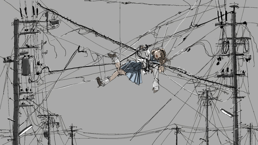 1girl arm_up backlighting bangs blue_sailor_collar blue_skirt brown_footwear brown_hair closed_eyes facing_viewer grey_background highres leg_up long_hair long_sleeves no_nose open_mouth original outdoors pleated_skirt pole power_lines sailor_collar school_uniform serafuku skirt socks solo telephone_pole transformer tsukumizu_yuu utility_pole wallpaper wide_shot