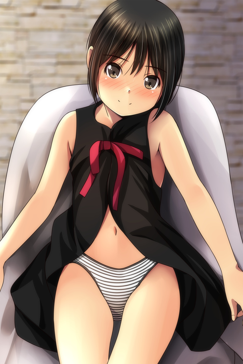 1girl absurdres bangs bare_arms bare_shoulders black_dress black_hair blurry blurry_background blush bow brown_eyes closed_mouth depth_of_field dress eyebrows_visible_through_hair hair_between_eyes highres indoors looking_at_viewer matsunaga_kouyou navel nose_blush on_chair original panties red_bow short_hair sitting sleeveless sleeveless_dress smile solo striped striped_panties underwear