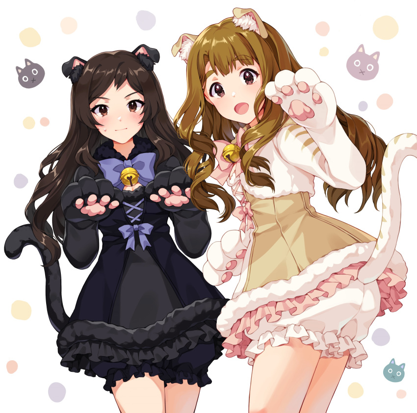 2girls :d absurdres animal_ear_fluff animal_ears bangs bell black_dress bloomers blue_bow blush bow bowtie brown_dress brown_eyes brown_hair cat_ears cat_girl cat_paws cat_tail closed_mouth commentary cowboy_shot cross-laced_clothes dress dress_bow eyebrows_visible_through_hair frilled_dress frills fur-trimmed_dress fur_trim gloves hand_up hands_up highres idolmaster idolmaster_million_live! idolmaster_million_live!_theater_days jingle_bell kitazawa_shiho long_hair long_sleeves looking_at_viewer miyao_miya multiple_girls neck_bell open_mouth parted_bangs paw_gloves paw_pose paws pink_bow pinkiepies2 shiny shiny_hair short_dress smile standing sweatdrop symbol_commentary tail tail_raised thick_eyebrows underwear wavy_hair white_background