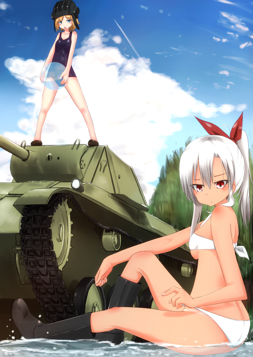 2girls ball beachball bikini blonde_hair blue_eyes boots breasts caterpillar_tracks clouds day ground_vehicle hair_ribbon highres long_hair medium_breasts military military_vehicle motor_vehicle mountain multiple_girls open_mouth original ponytail red_eyes ribbon school_swimsuit short_hair sky small_breasts summer swimsuit t-70 tan tank tank_helmet tanline tree water white_bikini zafuri_(yzrnegy)