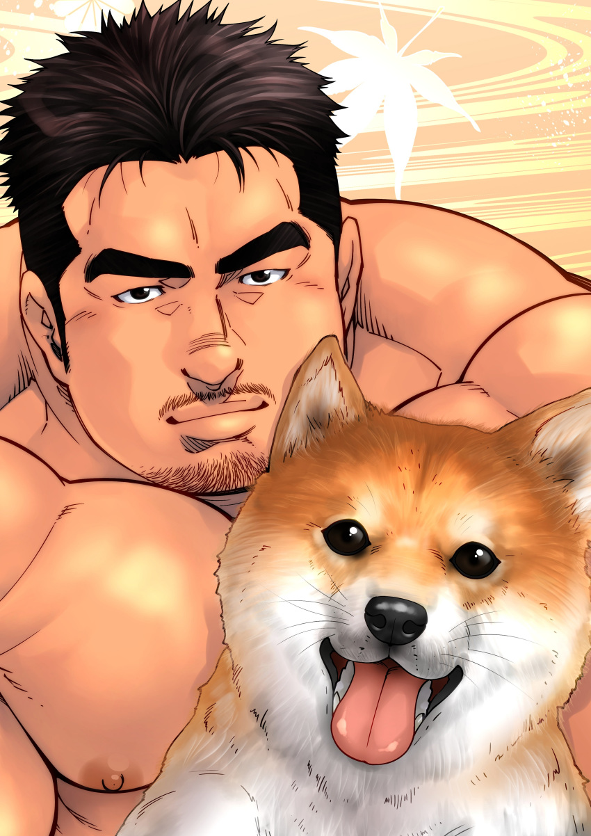 1boy absurdres animal bara black_hair chest dog facial_hair goatee highres male_focus manly masateruteru muscle nipples original shiba_inu shirtless short_hair sideburns solo textless thick_eyebrows tongue tongue_out upper_body