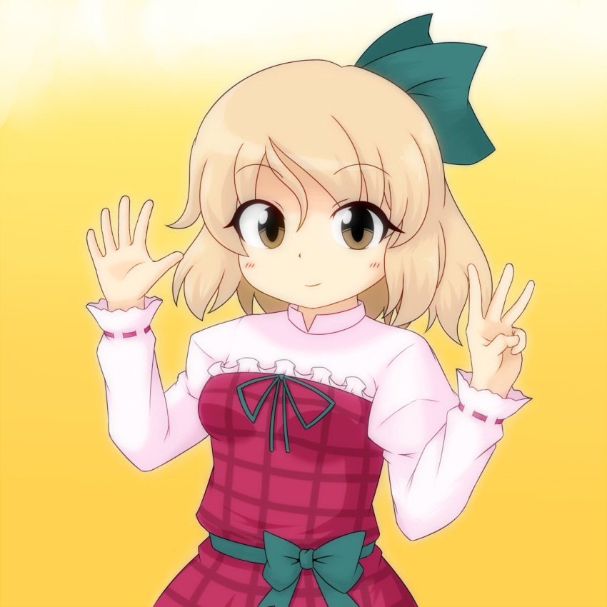 1girl artist_request beerko blonde_hair bow dress eyebrows_visible_through_hair frilled_dress frills green_ribbon hair_ribbon happy highres long_sleeves middle_w open_hand original plaid ribbon short_hair simple_background smile upper_body yellow_background yellow_eyes