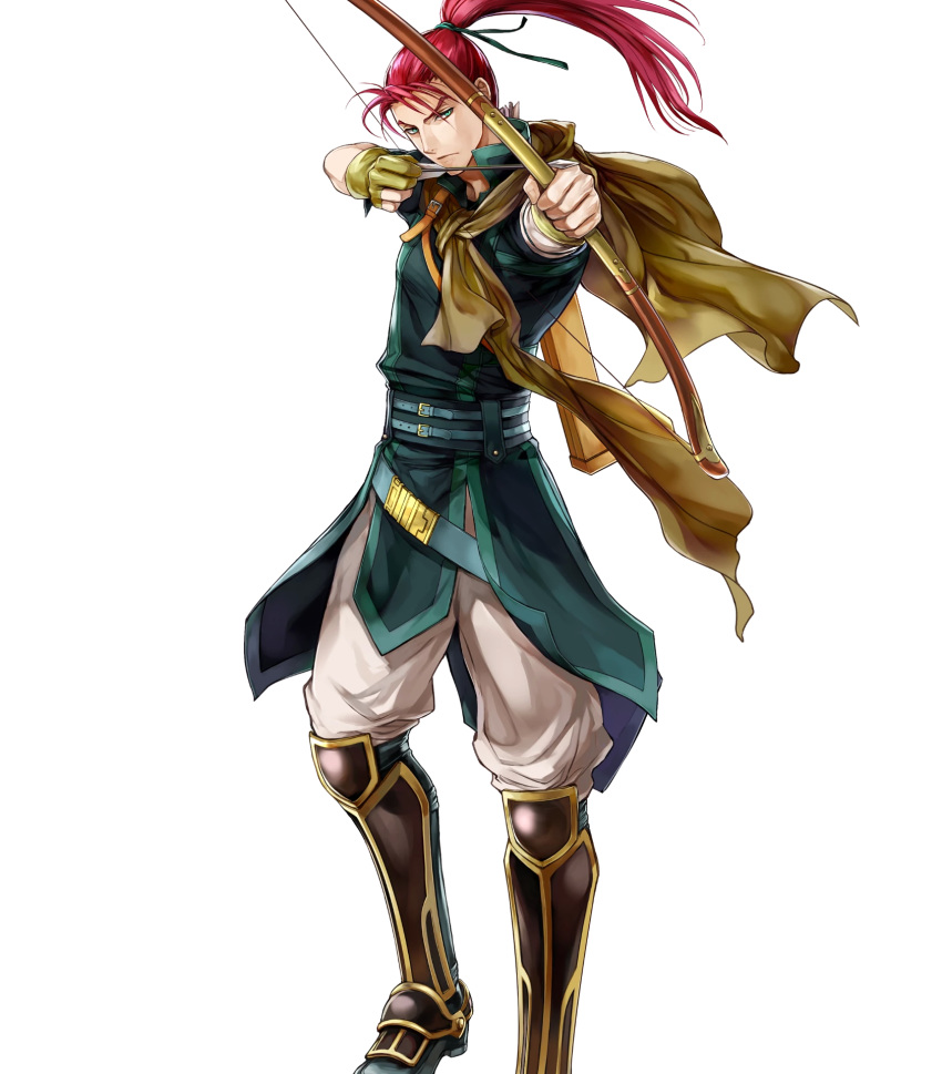 1boy arrow_(projectile) belt boots bow_(weapon) bracelet cape fingerless_gloves fire_emblem fire_emblem:_path_of_radiance fire_emblem_heroes full_body gloves green_eyes highres jewelry long_hair official_art quiver redhead shinon_(fire_emblem) solo transparent_background wada_sachiko weapon