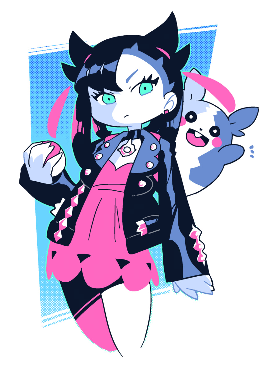 1girl arm_at_side black_choker black_hair black_jacket choker closed_mouth cowboy_shot dress ear_clip gen_8_pokemon green_eyes hair_horns halftone highres holding holding_poke_ball jacket limited_palette looking_at_viewer marnie_(pokemon) morpeko morpeko_(full) notice_lines open_clothes open_jacket pink_dress poke_ball poke_ball_(basic) pokemon pokemon_(creature) pokemon_(game) pokemon_swsh rariatto_(ganguri) short_dress solo standing