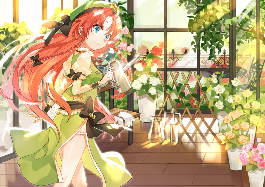 1girl absurdres arm_up bangs blue_eyes bracelet braid brick_floor chair chinese_commentary commentary_request day feet_out_of_frame fence flat_cap flower green_headwear green_skirt green_vest hat head_tilt highres holding holding_watering_can hong_meiling indoors ironwork jewelry kanta_(pixiv9296614) light_rays long_hair looking_at_viewer looking_back orange_flower orange_rose parted_bangs pink_flower pink_rose pitcher plant potted_plant puffy_short_sleeves puffy_sleeves red_flower red_rose redhead rose shirt short_sleeves skirt smile solo standing sunbeam sunlight table touhou tree trellis twin_braids very_long_hair vest watering_can white_flower white_rose white_shirt window