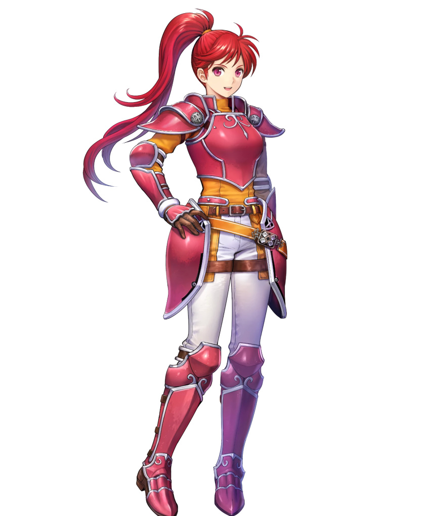 1girl armor armored_boots asatani_tomoyo bangs belt boots breastplate elbow_pads fire_emblem fire_emblem:_path_of_radiance fire_emblem_heroes gauntlets hand_on_hip hand_up high_ponytail highres jill_(fire_emblem) long_hair long_sleeves looking_at_viewer official_art open_mouth pants ponytail red_armor red_eyes redhead shiny shiny_hair shoulder_armor smile solo standing tied_hair transparent_background turtleneck white_pants