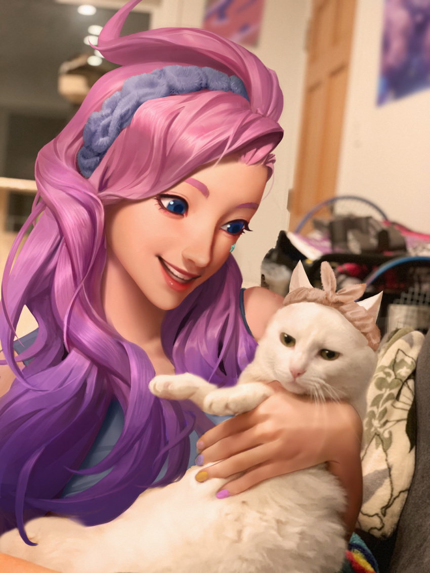 1girl animal artist_request bao_(league_of_legends) blue_eyes cat commentary cradling english_commentary facial_mark hair_over_shoulder highres holding holding_animal holding_cat league_of_legends lips lipstick makeup nose official_art photo_background pink_hair seraphine_(league_of_legends) smile star_(symbol) thick_eyebrows white_cat